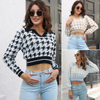 Damen Cropped Pullover mit klassischem Hahnentrittmuster und Polo-Kragen R&B