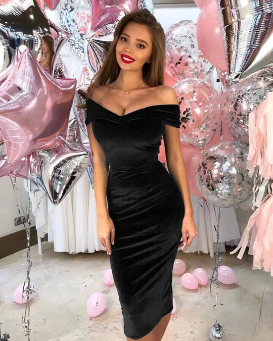 Damen Elegantes Wickelkleid aus samtigem Stoff mit off-shoulder Design R&B