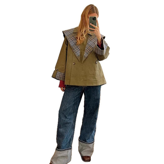 Damen modische Oversized Jacke mit kariertem Kragen R&B
