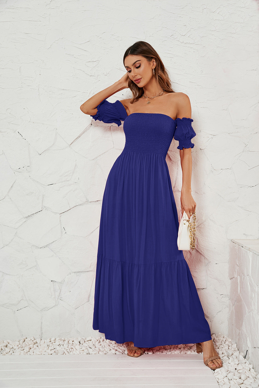 Damen Maxikleid mit schulterfreiem Schnitt und romantischen Puffärmeln R&B