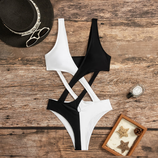Damen Cut-Out Einteiler Badeanzug mit asymmetrischem Design und modischen Trägern R&B