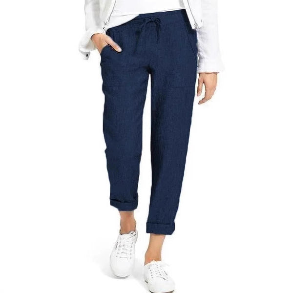 Damen entspannte Leinenhose mit elastischem Bund und praktischen Taschen R&B