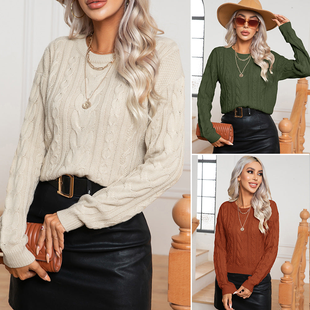 Damen Strickpullover mit Zopfmuster und elastischem Bund R&B