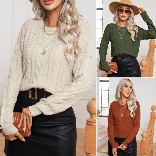 Damen Strickpullover mit Zopfmuster und elastischem Bund R&B