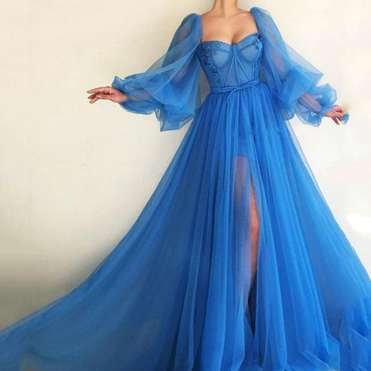 Damen Tüll Abendkleid mit voluminösen Ärmeln und seitlichem Schlitz R&B