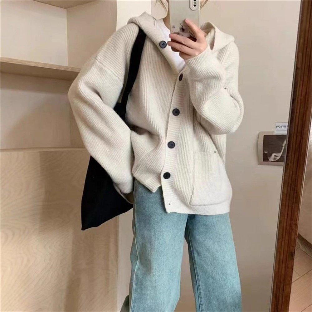 Damen kuschelige Strickjacke mit Kapuze und großen Taschen
