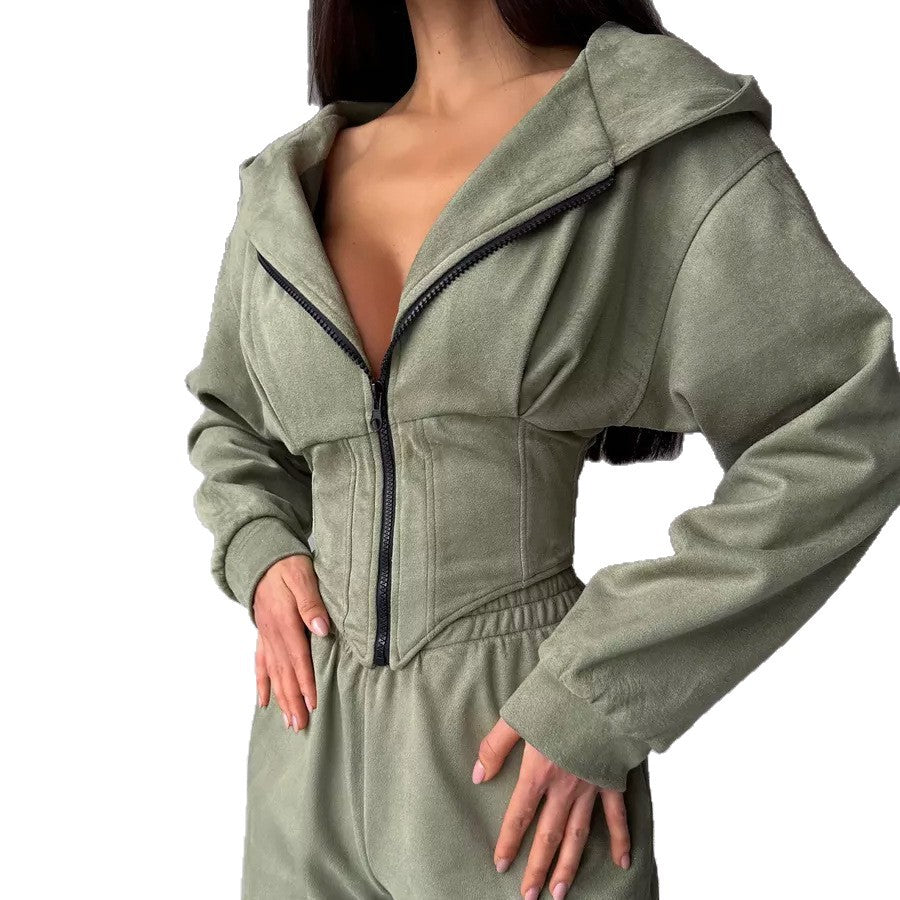 Damen sportlicher Jumpsuit mit Reißverschluss und hohem Kragen R&B