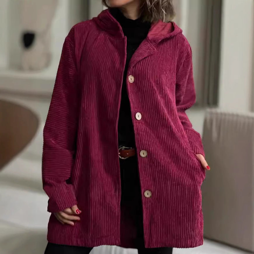 Damen Kapuzenjacke aus Kordstoff mit Knopfverschluss R&B