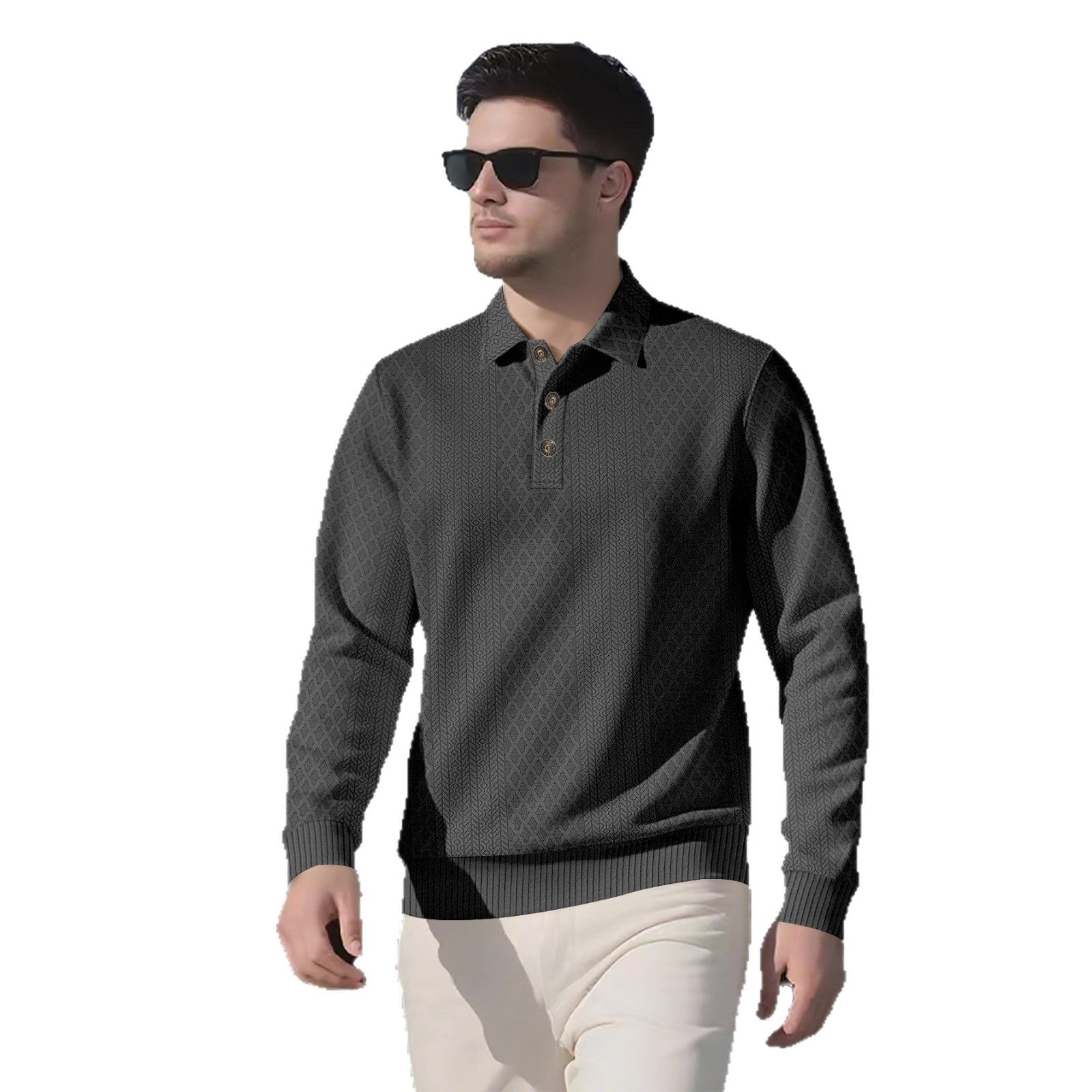 Herren Langarm-Polohemd mit strukturiertem Design und modischen Knöpfen R&B