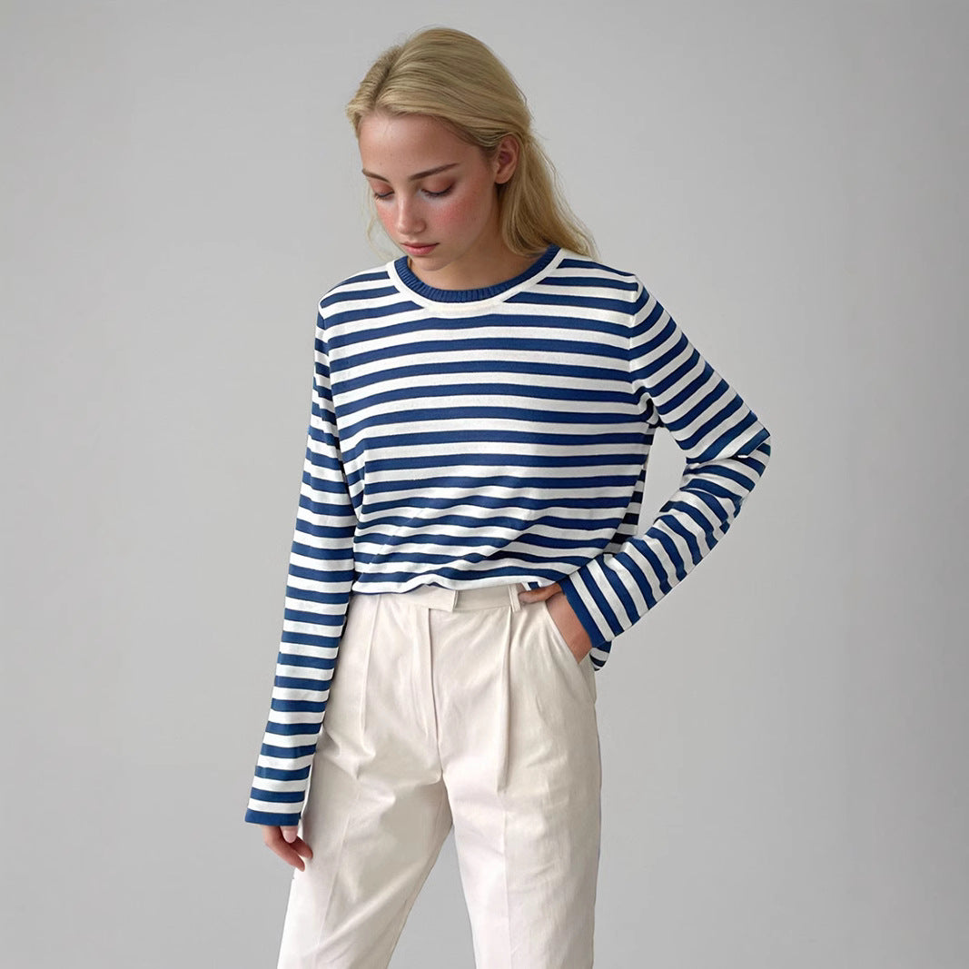 Damen gestreifter Langarmpullover mit Rundhalsausschnitt und lässigem Schnitt R&B