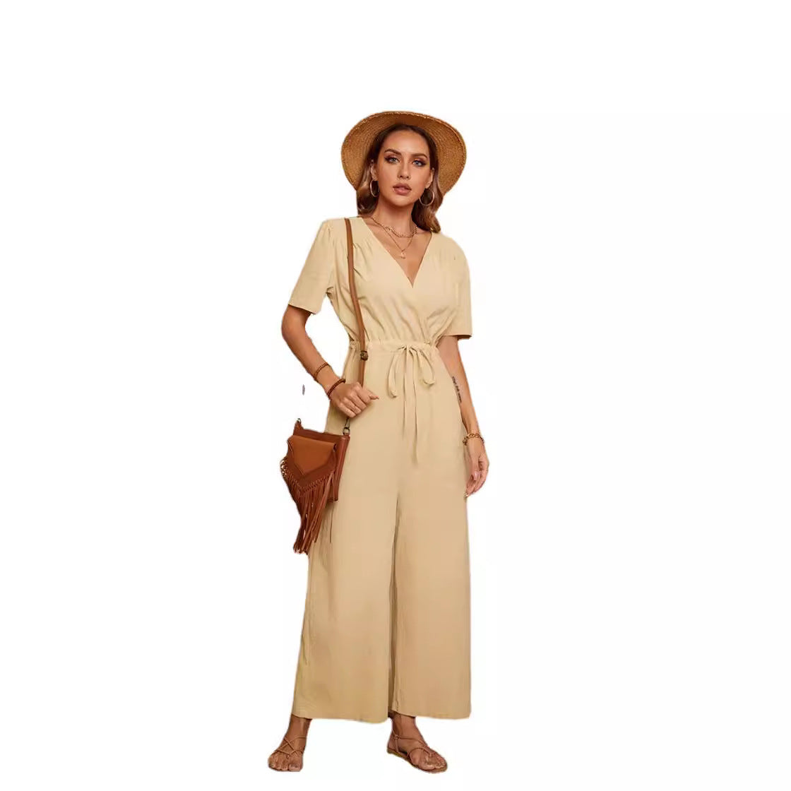 Damen lässiger Jumpsuit mit Taillengürtel und weitem Bein R&B