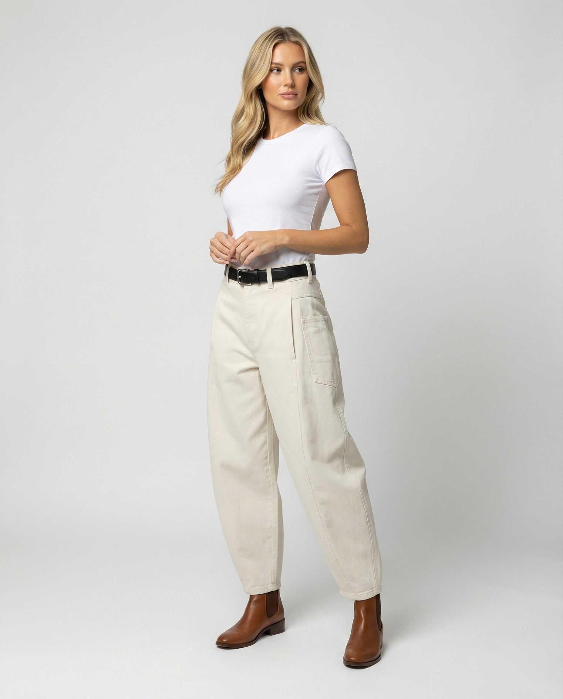 Damen hochtaillierte extraweite Twill-Hose mit großen aufgesetzten Taschen und Kellerfalten R&B