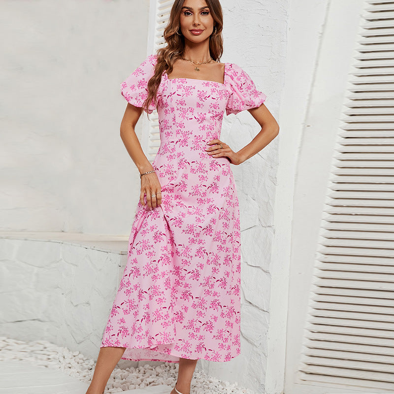 Damen Maxikleid mit schickem Quadrat-Ausschnitt und voluminösen Puffärmeln R&B