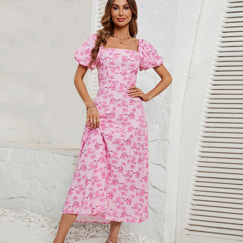 Damen Maxikleid mit schickem Quadrat-Ausschnitt und voluminösen Puffärmeln R&B