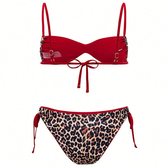 Damen Triangel-Bikini mit verspieltem Leopardenmuster und verstellbaren Bändern R&B