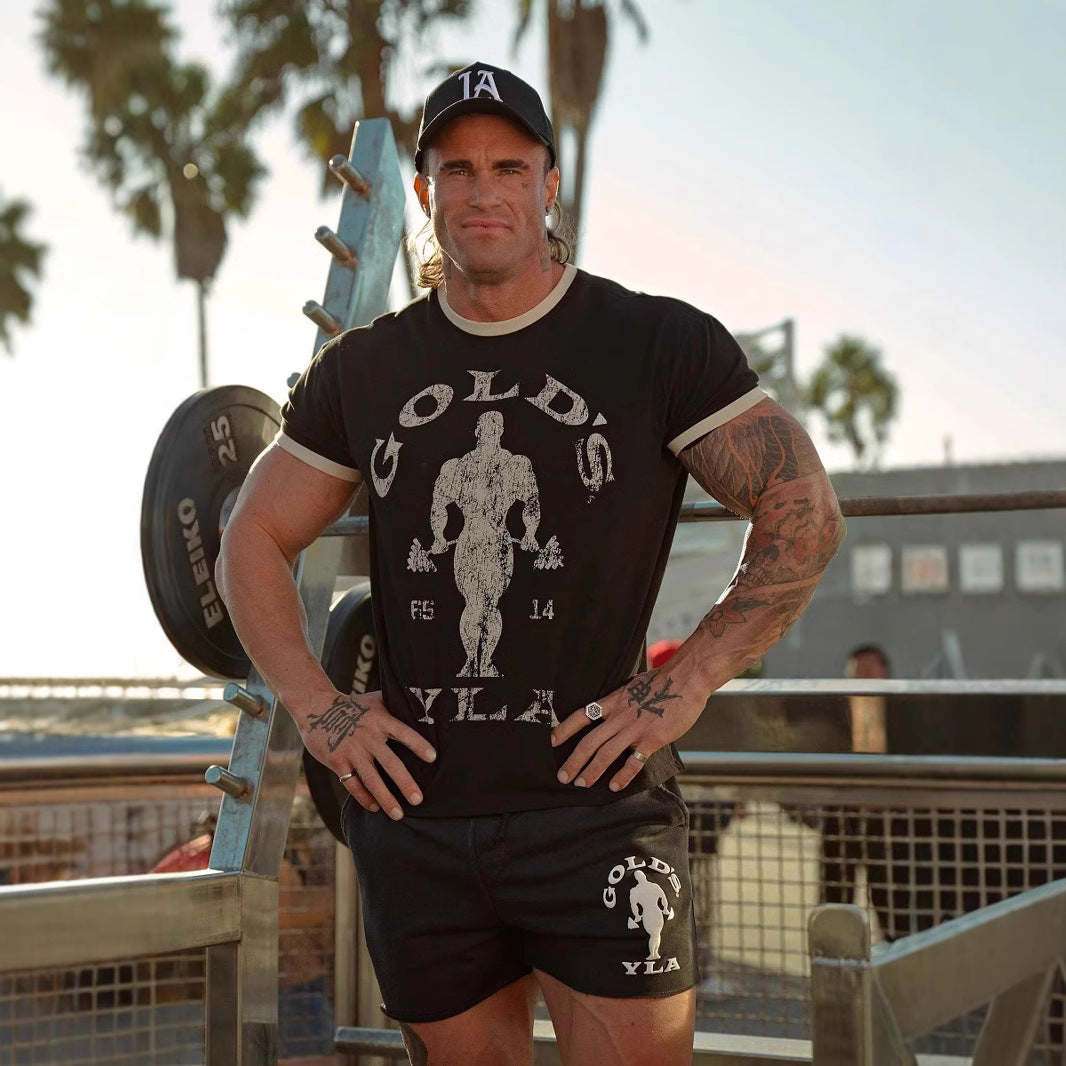 Herren nan Vintage Trainingsshirt mit Rundhalsausschnitt Kontrastbündchen und Retro-Bodybuilding-Druck R&B