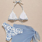 Damen Triangel-Bikini-Set mit romantischem Blumenmuster und eleganter Pareo R&B