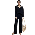 Damen elegantes und lässiges Strickensemble mit V-Ausschnitt und breitem Saum R&B
