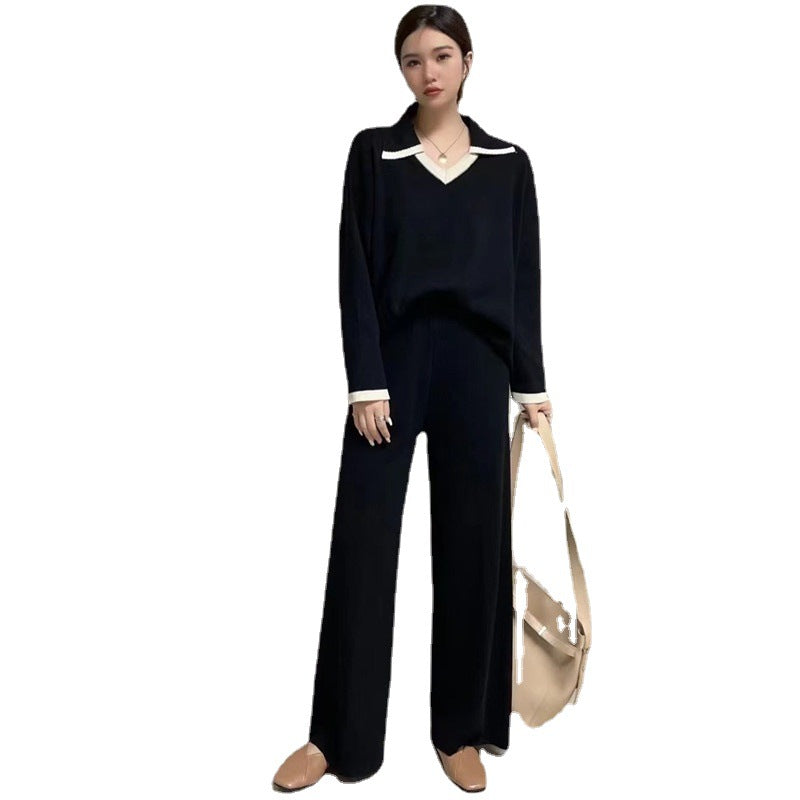 Damen elegantes und lässiges Strickensemble mit V-Ausschnitt und breitem Saum R&B