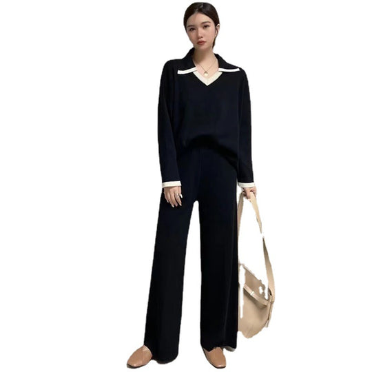 Damen elegantes und lässiges Strickensemble mit V-Ausschnitt und breitem Saum R&B
