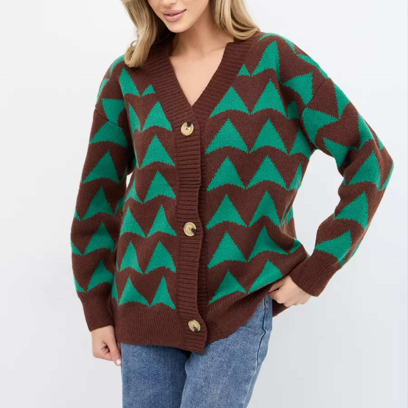 Damen Strickjacke mit geometrischem Muster und knöpfbarem Design R&B