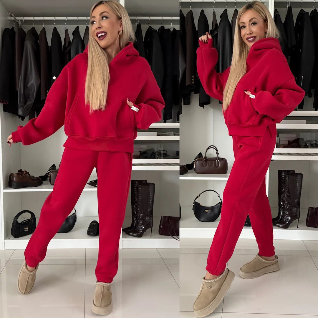 Damen lässiges Fleece-Set mit cropped Hoodie und bequemer Hose R&B
