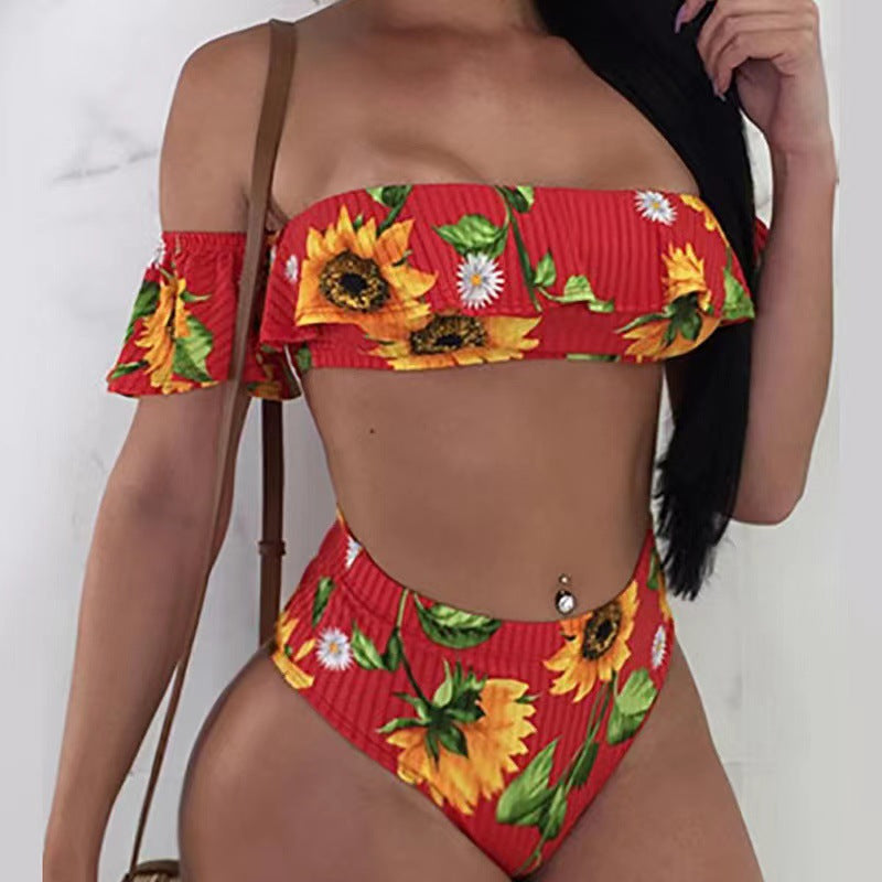 Damen Bikini-Set mit floralem Rüschendesign und hohem Taillenslip R&B
