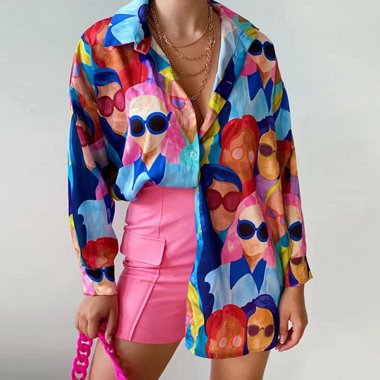 Damen Oversized Bluse mit buntem Grafikdruck R&B