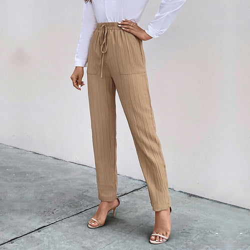 Damen lässige High-Waist-Hose mit elastischem Bund und praktischen Taschen R&B