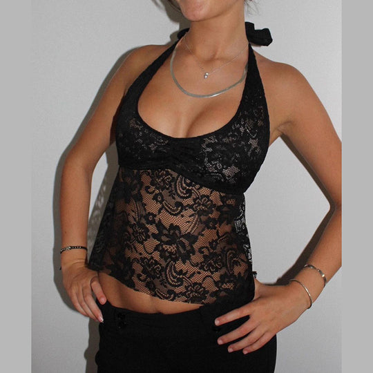 Damen Spitzen-Haltertop mit floralem Muster und tiefem V-Ausschnitt R&B