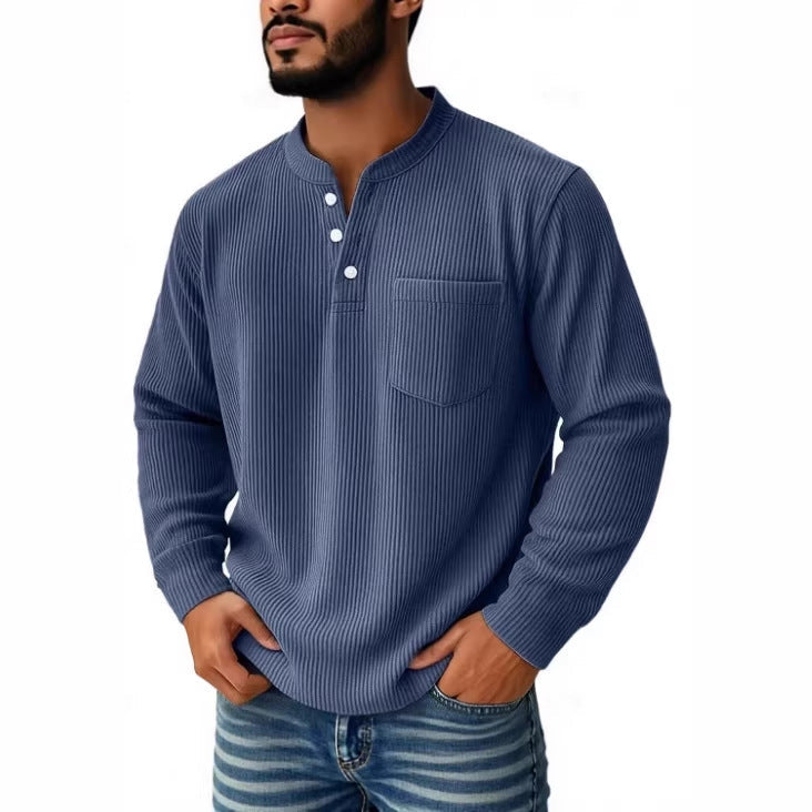 Herren nan thermisches Waffelstrick-Henleyshirt mit Stehkragen Brusttasche und geripptem Komfortschnitt R&B