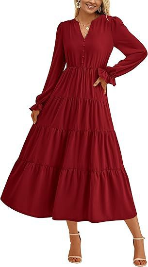 Damen Maxikleid mit knopfverzierter Front und voluminösen Ärmeln R&B