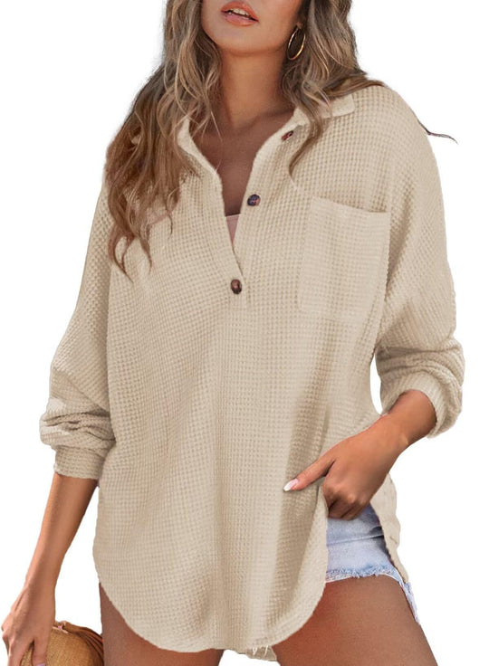 Damen Lässiges Waffle-Muster Oberteil mit Knopfdetail R&B