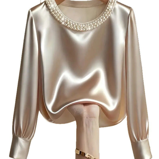Damen elegante satinierte Bluse mit Perlenkragen R&B