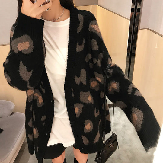 Damen Strickcardigan mit auffälligem Leopardenmuster und großzügigem Schnitt R&B