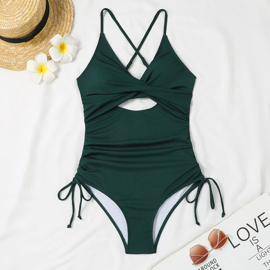 Damen Einteiler Badeanzug mit raffiniertem Wickeldesign und modischem Cut-Out R&B