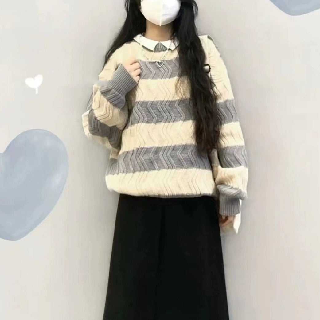 Damen Modischer Strickpullover mit strukturiertem Wellenmuster R&B
