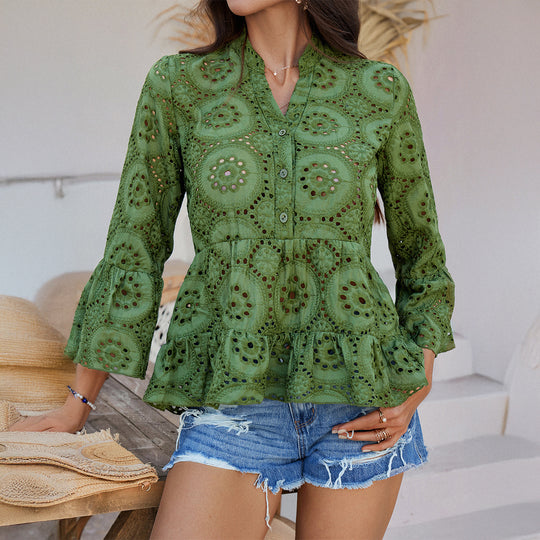 Damen Bluse mit Lochmuster und ausgestellten Ärmeln R&B