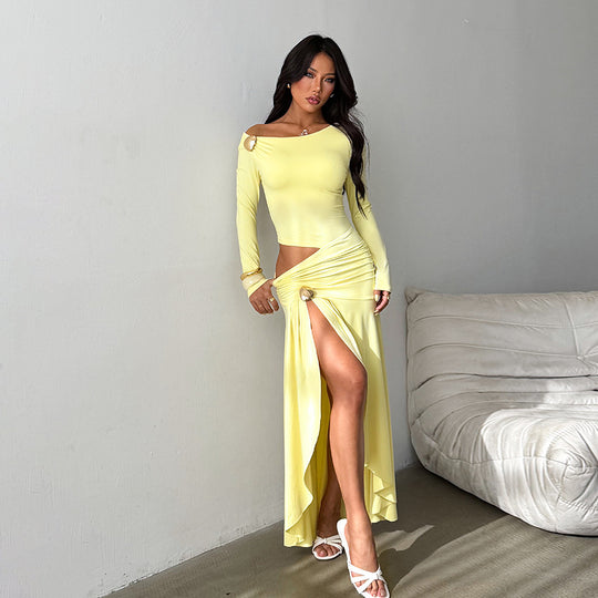 Damen asymmetrisches Wickelkleid mit schulterfreiem Design und knielangem Saum R&B