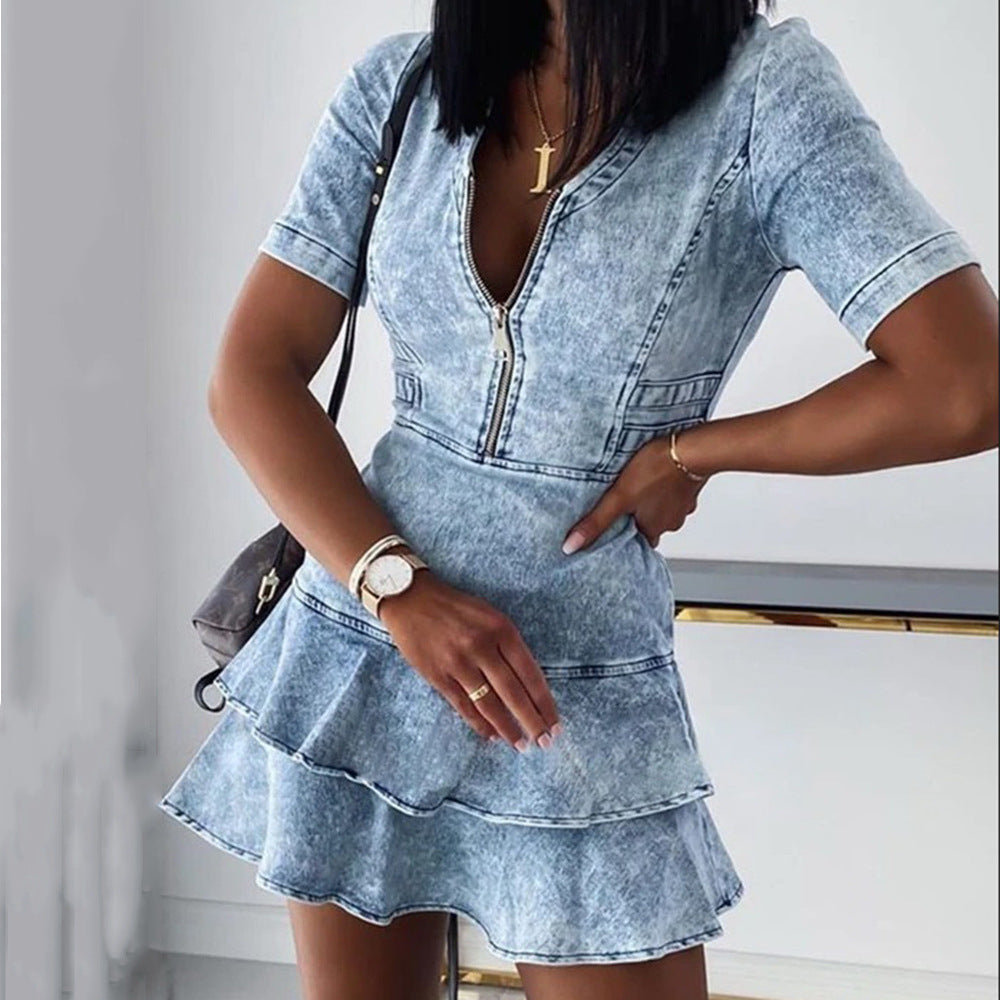 Damen Jeanskleid mit Rüschendetails und Reißverschluss R&B