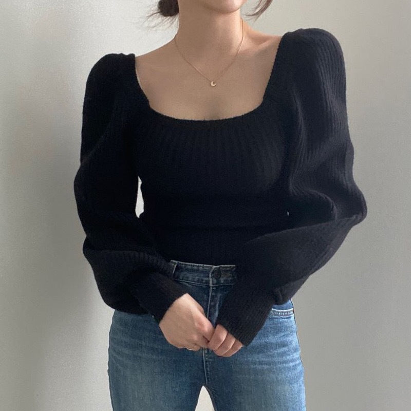 Damen Feinstrickpullover mit modernem Quadrat-Ausschnitt und weit geschnittenen Ärmeln R&B