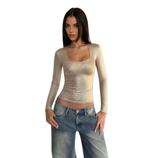 Damen schimmerndes Langarmshirt mit elegantem Rundhalsausschnitt und figurbetontem Schnitt R&B
