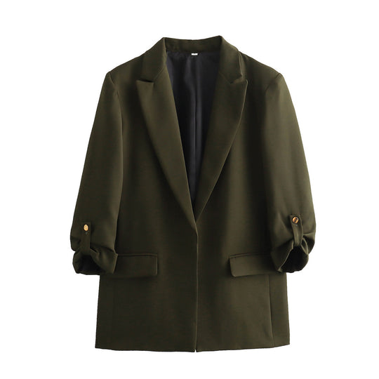 Damen elegante Blazerjacke mit strukturierten Ärmeln und dezenten Goldakzenten R&B