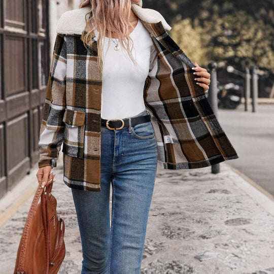 Damen lässige Karojacke mit weichem Innenfutter und praktischen Taschen R&B
