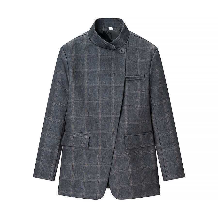 Damen nan taillierter Karo-Mantelblazer mit Stehkragen, asymmetrischer Knopfblende und Pattentaschen R&B