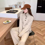 Damen Strickstil-Pullover mit integriertem Kragen und Knopfverschluss