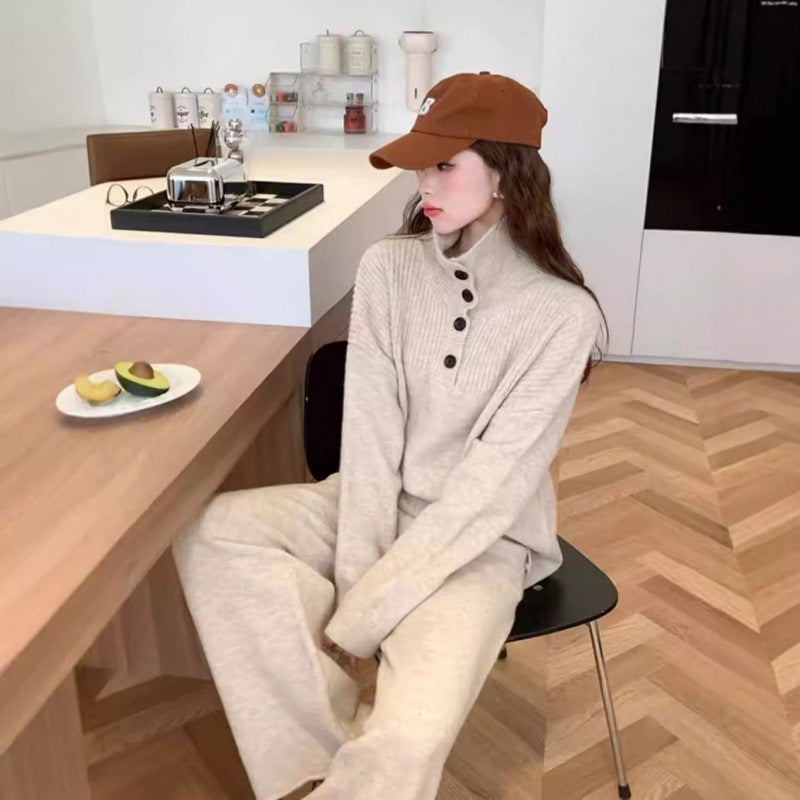 Damen Strickstil-Pullover mit integriertem Kragen und Knopfverschluss