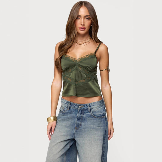 Damen Elegantes Satin-Cami-Top mit Spitzenverzierungen R&B