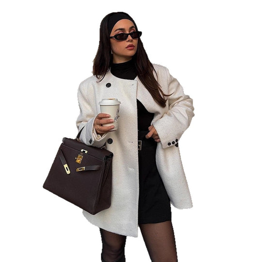 Damen elegante Oversized-Wolljacke mit Knopfdetails R&B