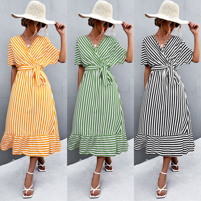 Damen Wickel-Kleid mit Streifenmuster und praktischen Bindegürtel R&B